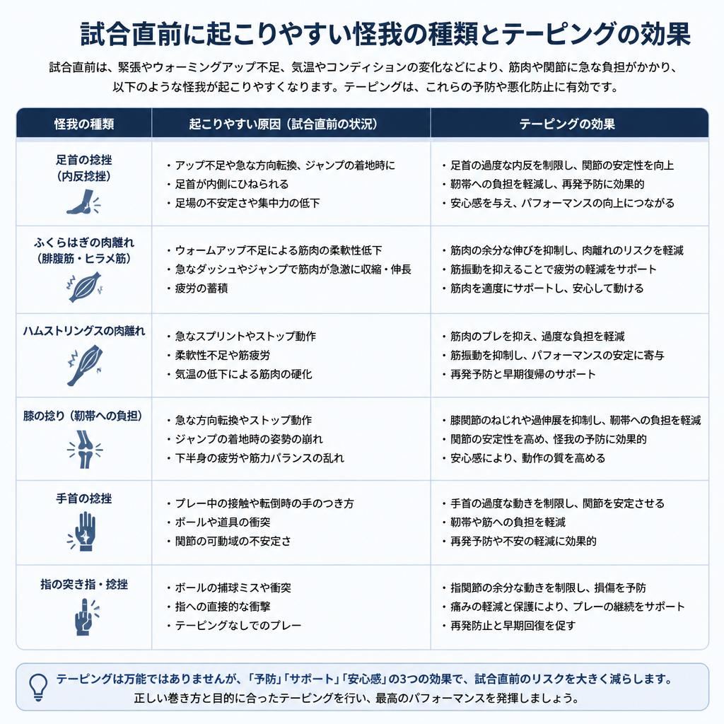 怪我の種類とテーピングの効果