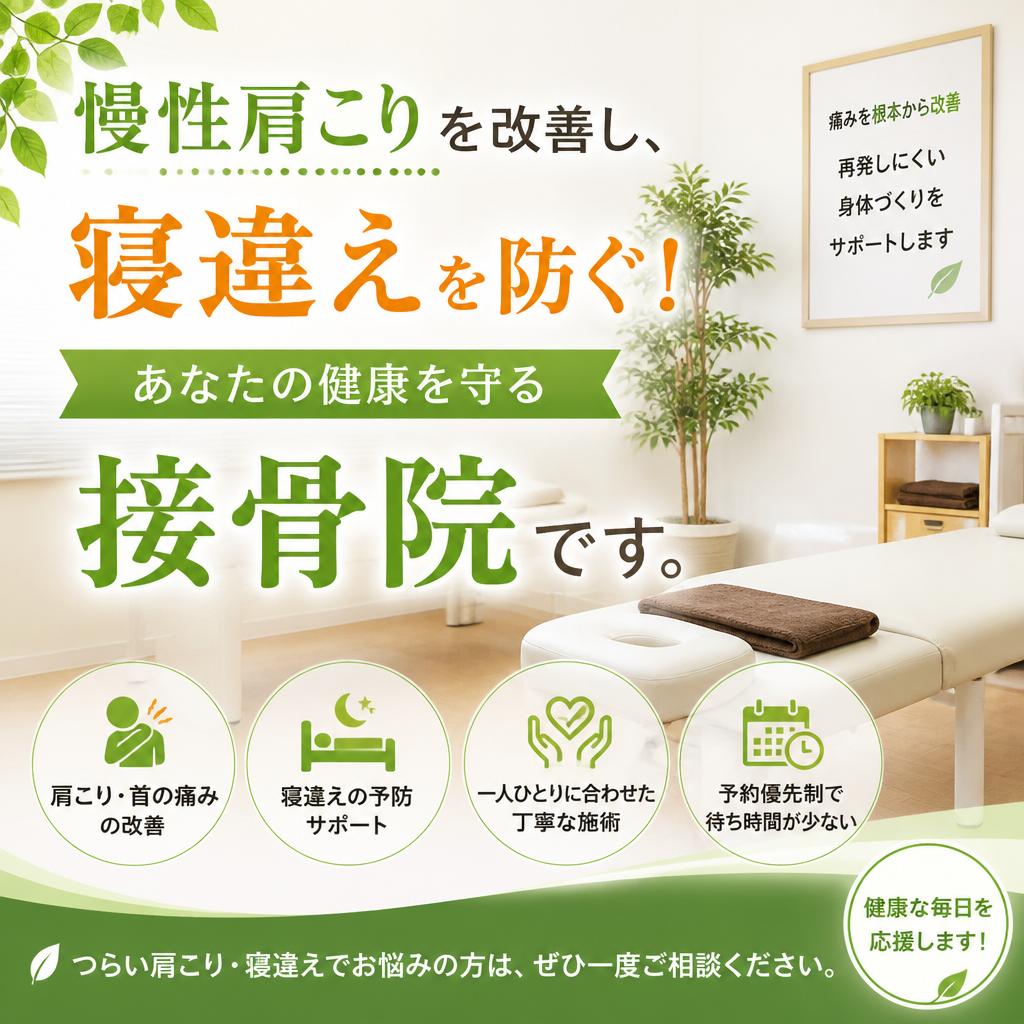 慢性肩こりを改善し、寝違えを防ぐ！あなたの健康を守る接骨院です。